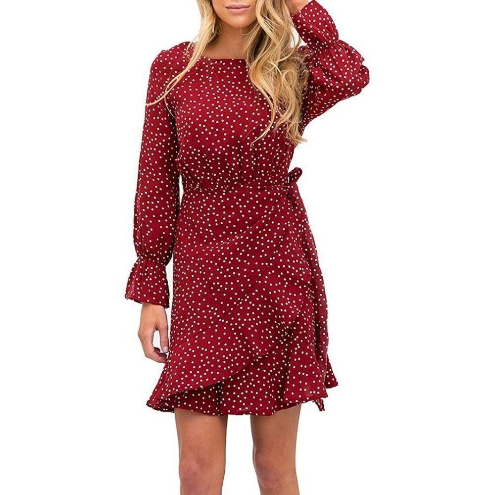 Red Polka Dot Print Crewneck Fishtail Ruffle Hem Short Mini Dress